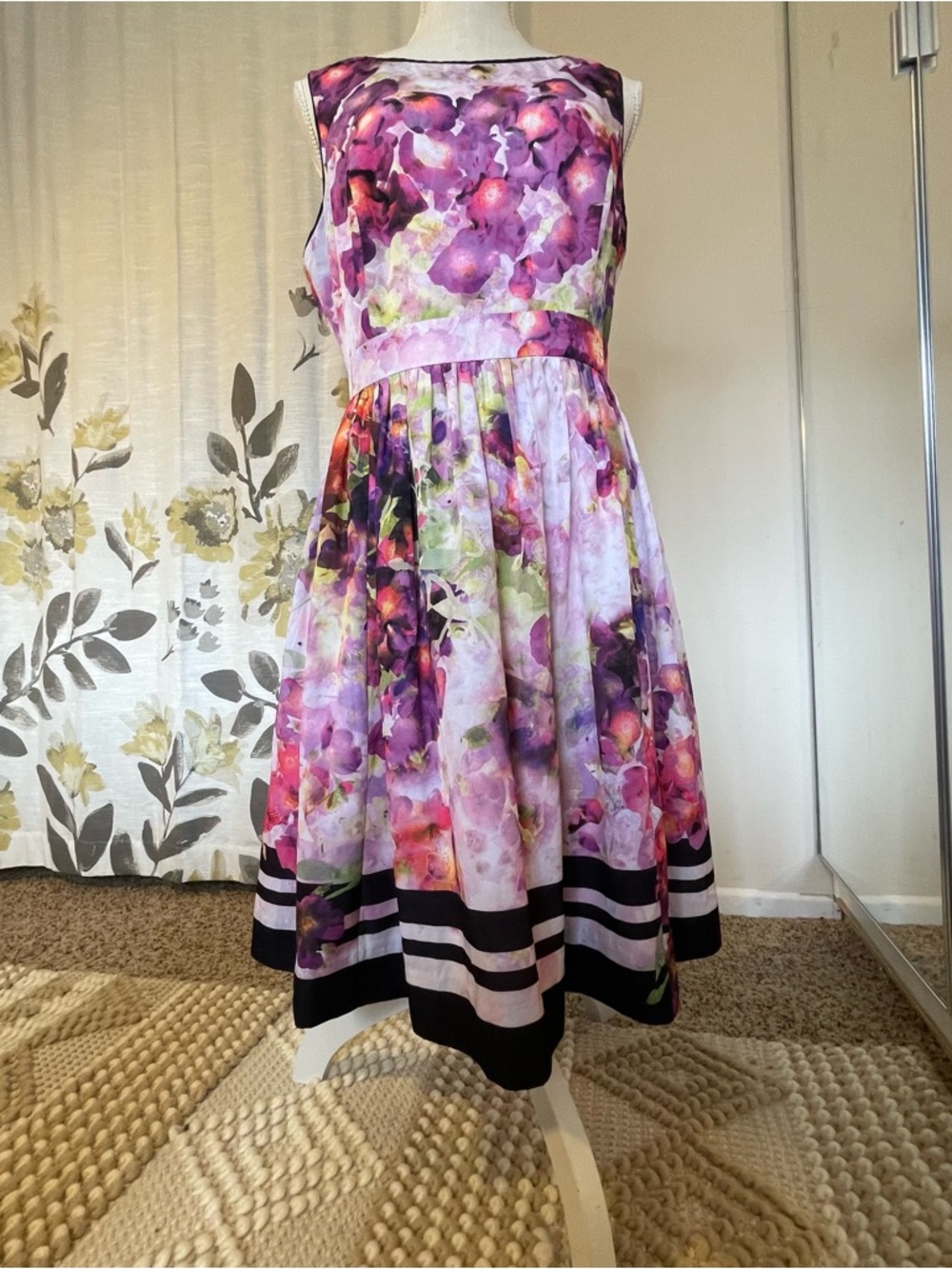 Liz Claiborne Purple Pink Floral Fit and Flare Midi Dress with Black-Trim Hem - Picture 6 of 10